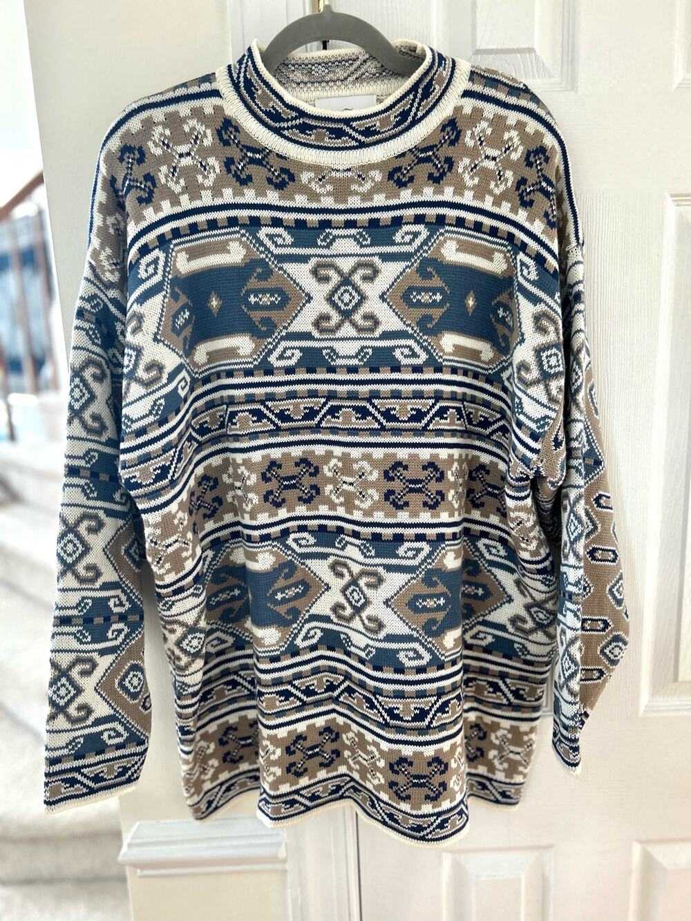 Vintage Tribal Print Blue & Beige Mockneck Sweater